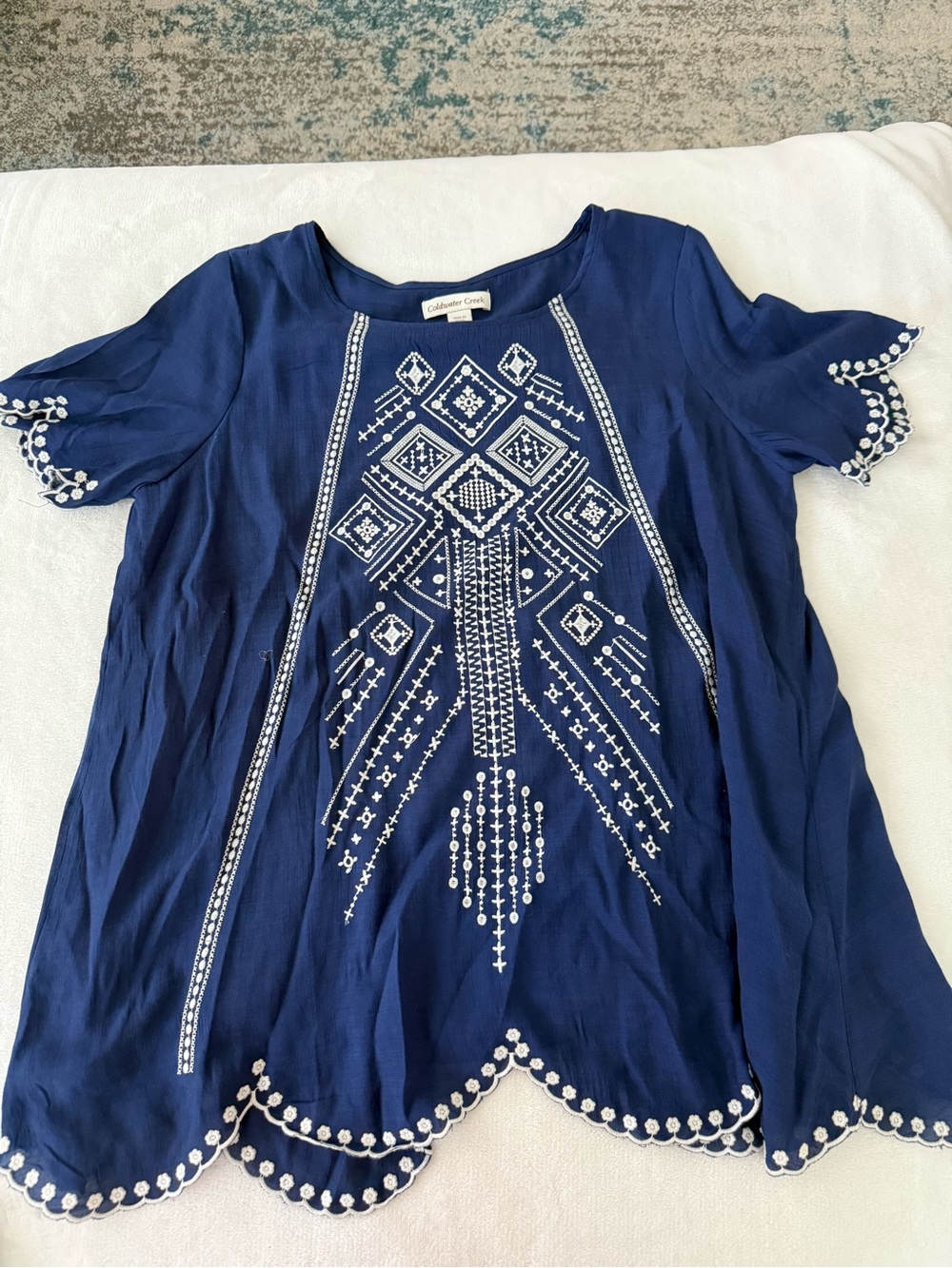Coldwater Creek shirt blue and white embroidered scalloped edges Size PM E06